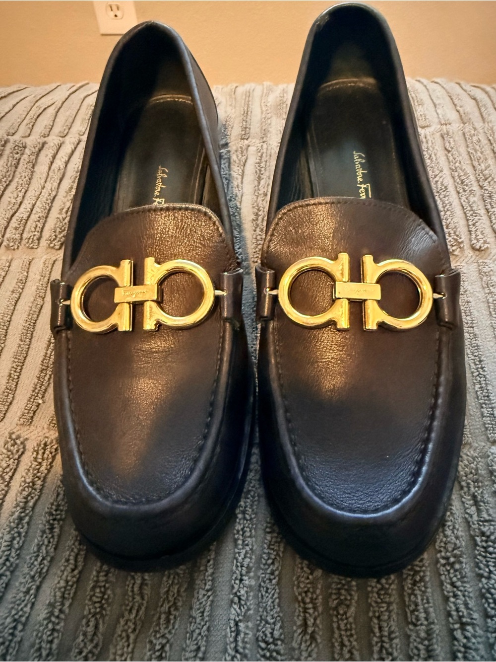 Salvatore Ferragamo Black Leather Loafers with Gold Gancini Hardware